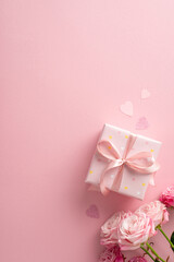 Obraz na płótnie Canvas Sweet, romantic anniversary theme. Overhead vertical shot of gift box, bouquet of roses, heart shaped confetti. Pastel pink backdrop with space for text or promotion