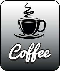 Coffee Art for Decoration. Design consisting of a coffee cup symbol and white hollow text. Gradient gray and white colors.