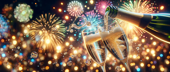 Champagne pouring into glass flutes from a bottle over colorful fireworks and glittering lights background. New Year's banner - obrazy, fototapety, plakaty