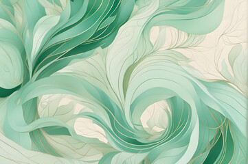 Abstract illustration features a pastel-colored background, predominantly green, with abstract patterns resembling gently rippling fabric in the wind.