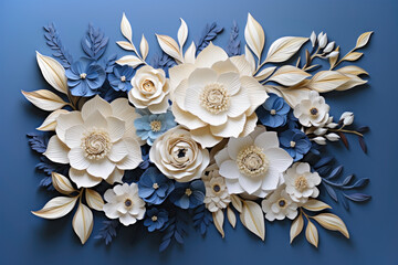 Elegance in Bloom. A stunning composition of white and blue paper flowers, exquisitely arranged against a deep blue background, radiates sophisticated charm
