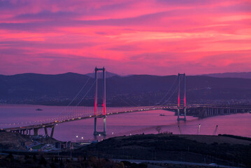 The Osman Gazi Bridge is a suspension bridge spanning the Gulf of İzmit. The bridge links the Turkish city of Gebze to the Yalova Province and carries the motorway across the gulf