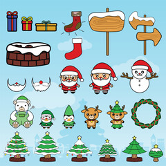 Vector set for decorating graphic works during the Christmas season, including Christmas trees, Santa, deer, gift boxes, signposts in a cute, childish style.
