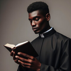 A priest holding and reading a Bible in his hands. ai generative