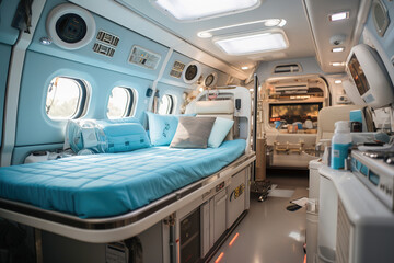Ambulance interior with a bed and a monitors, many medical devices. No people, empty.