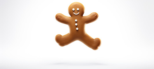 Gingerbread man jumping high on a white blank banner with copy space