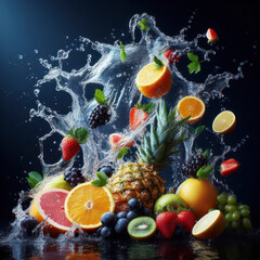 Beautiful water splash from various fruits on a beautiful dark blue background. ai generative