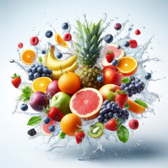 Beautiful water splash from various fruits on a beautiful white background. ai generative