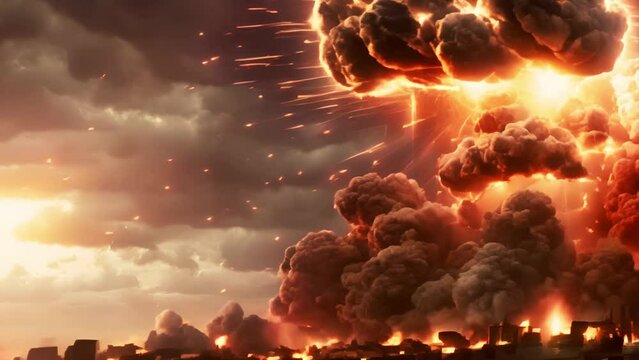 AI video clip. Large explosion of a nuclear bomb, World War 3 and nuclear war concept.