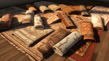 Obraz na płótnie Canvas Assorted rugs displayed on a wooden floor.