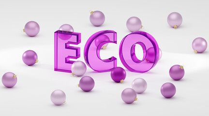 Luxury purple glass inscription eco on grey podium, soft light, smooth background, 3d rendering