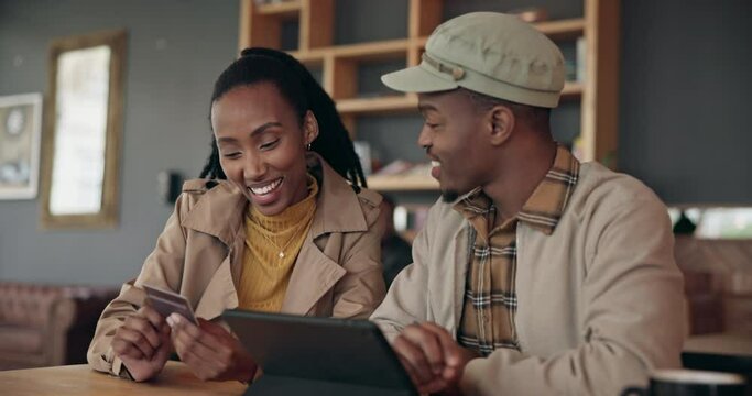 Man, woman and online shopping on tablet with fashion aesthetic, gen z and happy in restaurant backdrop. Black people, friends or budget with e-commerce for digital, credit score or bank technology