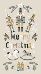 Merry Christmas Nutcrackers Vector banner on Light Background. Postcard. Childish rocking horses. New Year illustration.