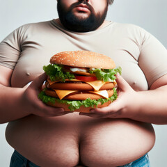 Severely obese man holding a large burger isolated on white background, overweight problem theme. ai generative