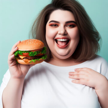 Severely obese woman holding a large burger isolated on color background, overweight problem theme. ai generative