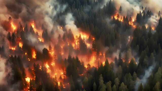 Video AI aerial photography of scary wildfire, wildfire disaster concept