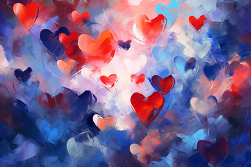 Bright red and blue background with hearts. Valentine's Day