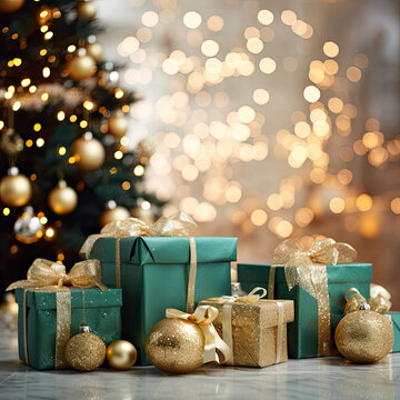 Green and gold wrapped gifts with background of hold bokeh light with copy space 