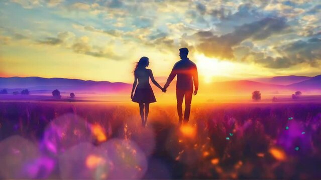 couple on the beach at sunset, Seamless Animation Video Background in 4K Resolution	