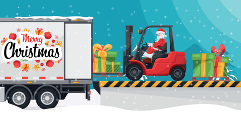 Santa Claus driving a forklift. Loading gifts to a container truck at the loading and unloading dock. Concept for cargo logistics and shipping of high demand merchandise for the Christmas season