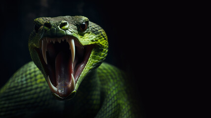Green snake with open mouth ready to attack isolated on gray background - obrazy, fototapety, plakaty