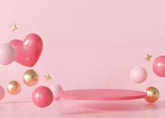 Pink podium with hearts, stars and bubbles. Valentine's Day, Mother's Day. Podium for product, cosmetic presentation. Mock up. Pedestal or platform for beauty products. Stage with copy space. 3D.