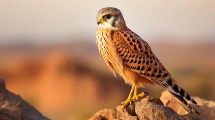 An exquisite kestrel perched on a jagged desert rock, its feathers ruffled by the desert breeze.