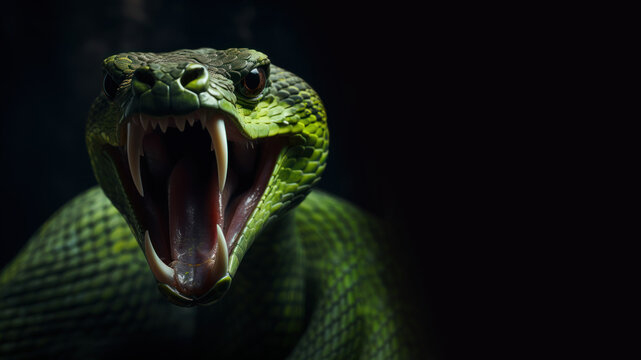 Green snake with open mouth ready to attack isolated on gray background