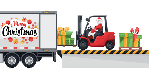 Santa Claus driving a forklift loading gifts to a container truck at the loading and unloading dock. Concept for cargo logistics and shipping of high demand merchandise for the Christmas season