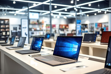 Laptops for sale on the counter in a computer store - obrazy, fototapety, plakaty