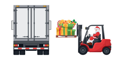 Santa Claus driving a red forklift . Loading gift boxes into a container truck for distribution. Christmas campaign for cargo logistics and shipping of high demand merchandise for the Christmas season