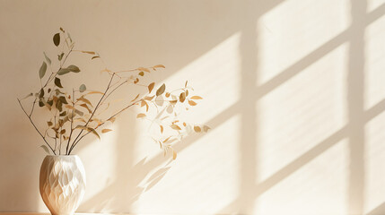 A minimalist composition featuring a white vase with dried foliage casting soft, long shadows on a warm beige wall, illuminated by gentle sunlight. AI Generative