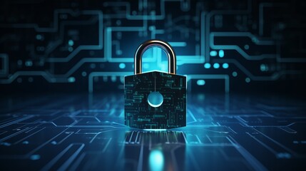 Digital padlock for computing system on dark blue background, cyber security technology 