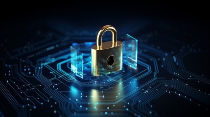 Digital padlock for computing system on dark blue background, cyber security technology 