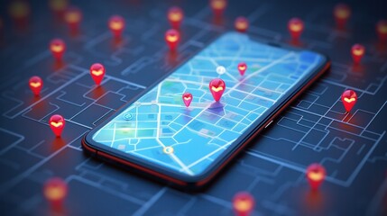 Smartphone with map, 3D Map pins, GPS, navigator pin checking points, 3D World Map icon, technology and application mobile smart phone with mobile, delivery tracking, transportation, generate by AI