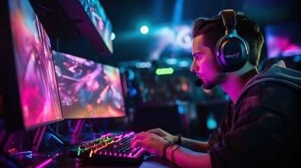pro gamer man in headphones live streaming while playing online computer game, neon lights, esports,  gaming, monitor, play, young, player, internet, enjoyment, cyber,