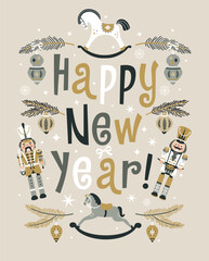 Happy New Year Nutcrackers Vector Illustration on Light Background. Postcard. Childish rocking horses. Christmas illustration.
