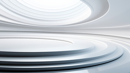 Abstract white cylindrical podium in white room with wave lines pattern, 3D illustration.	