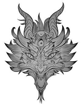 Linear drawing dragon symbol New Year 2024 outline coloring book for children or adults. Outline beast face mask pattern Japanese Chinese style clip art print design hand drawn evil demon character