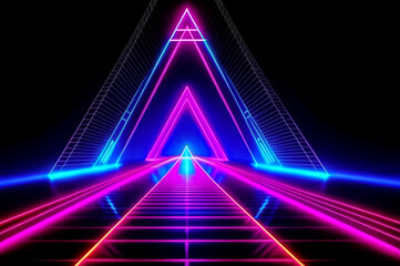 Futuristic landscape with triangular and neon elements. Fiction. AI	
