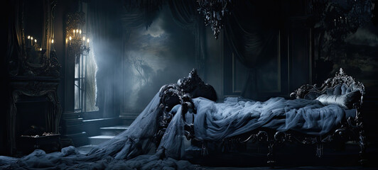 Haunted rococo style bedroom with moody lighting banner  - obrazy, fototapety, plakaty