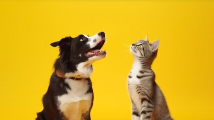 Grey striped tabby cat and a border collie dog with.Generative AI