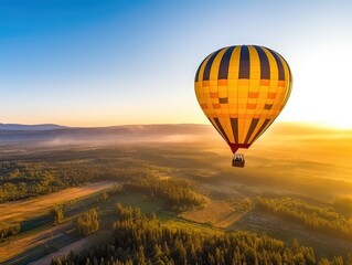 Fototapeta premium A hot air balloon floats above the ground in front of a blue sky background
