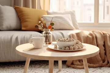 Fototapeta na wymiar coffee table and sofa in clean and tidy living room