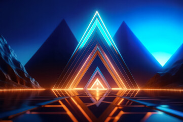 Futuristic landscape with triangular and neon elements. Fiction. AI	
