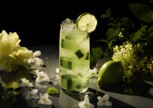 A cucumber elderflower spritzer, with an emphasis on the drink's delicate green hue, placed in the center of a polished black stone.