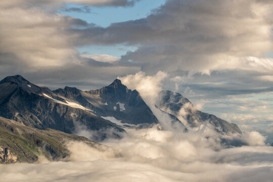 Landscape with beautiful Norway fjord Eikesdalen, morning, view from bird's eye.