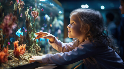 Aquarium Adventure: Kid marveling at colorful fish tanks, touching starfish in touch pools, or attending an educational session about marine life