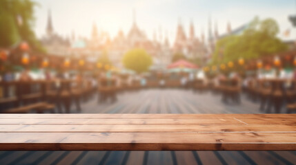 Empty wooden table top with Scandinavian background at Oktoberfest event. Bokeh style background. Stage for product design. Generative AI