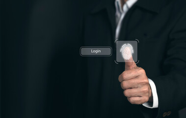 Concept of cyber security, information security and encryption, secure access to user's personal information, secure Internet access, cybersecurity.Businessman finger scan on virtual screen.